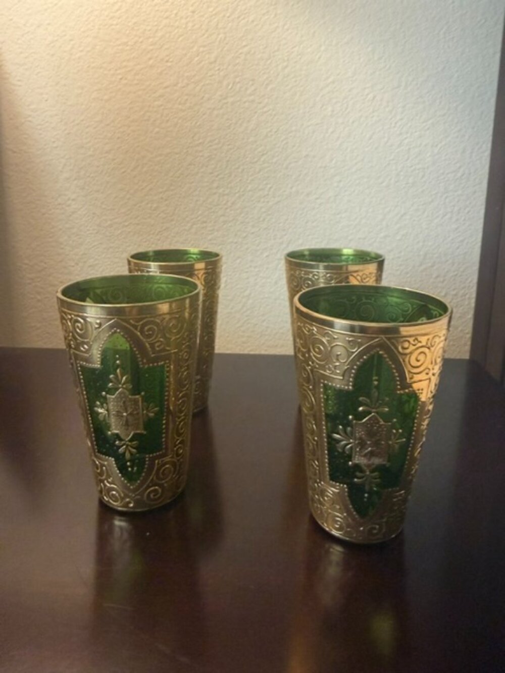 Vintage Handblown Moroccan Emerald Green Gold Tea Bar Drinking Shot Glasses